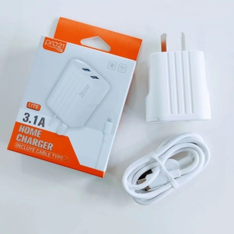 CARGADOR 220V A USB X 2 + CABLE TIPO C 3.1AMP LITE HOME CHARGER PRO21