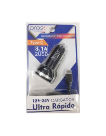 CARGADOR 12V A USB X 2 + CABLE TIPO C 3.1AMP CARGA ULTRA RAPIDA PRO21