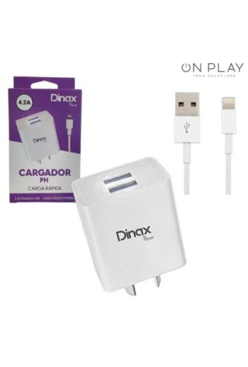 CARGADOR 220V A USB X 2 + CABLE IPHONE 4.2AMP CARGA RAPIDA DX1-CAR-4.2-IPH DINAX