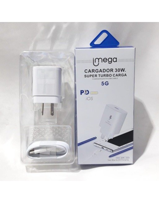 CARGADOR 220V A USB TIPO C + CABLE TIPO C A IPHONE CARGA SUPER RAPIDA 30W 5G QC3 MG2026 IMEGA